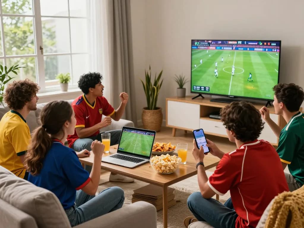 Xoilac live sports streaming experience with fans cheering in cozy setting.