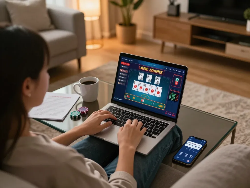 Engaging in a thrilling gaming session at home with PHPVIP app on laptop, showcasing online casino action.
