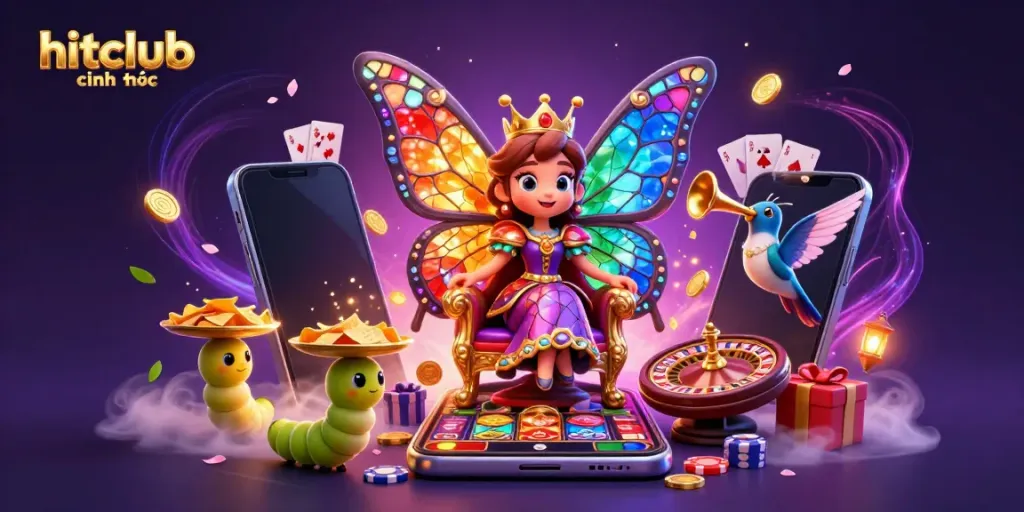 Experience an enchanting scene as the hitclub chính thức brings together a butterfly queen in a rich casino atmosphere.
