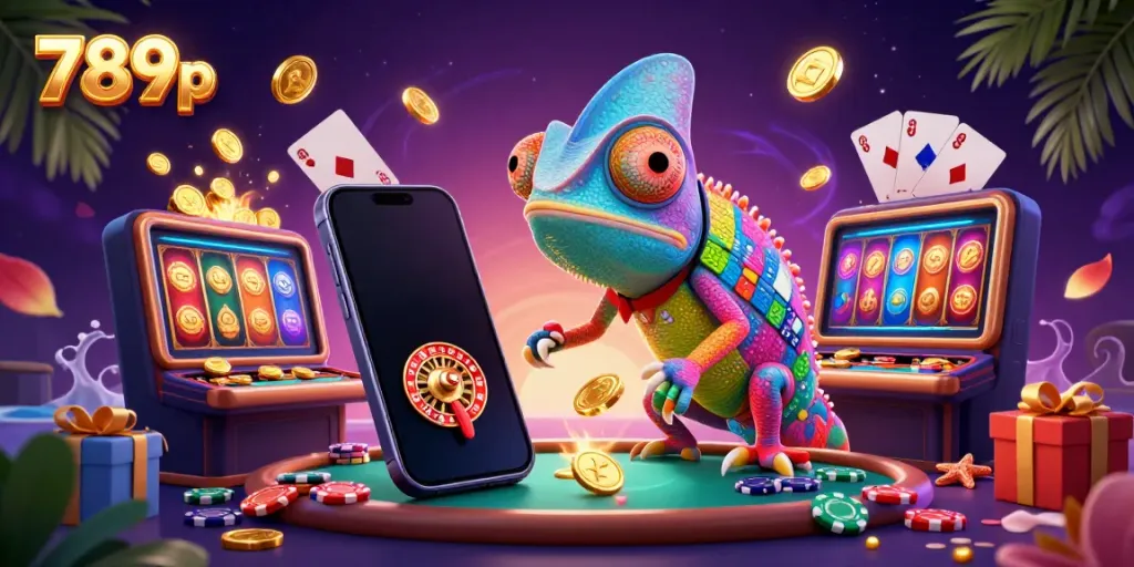 Experience the vibrant energy of 789p with the chameleon casino owner amidst confetti and slot action.