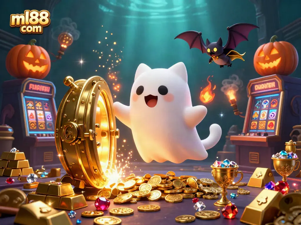 Engage with thrilling online gaming at ml88 com, featuring a ghost cat and bat in a casino scene.