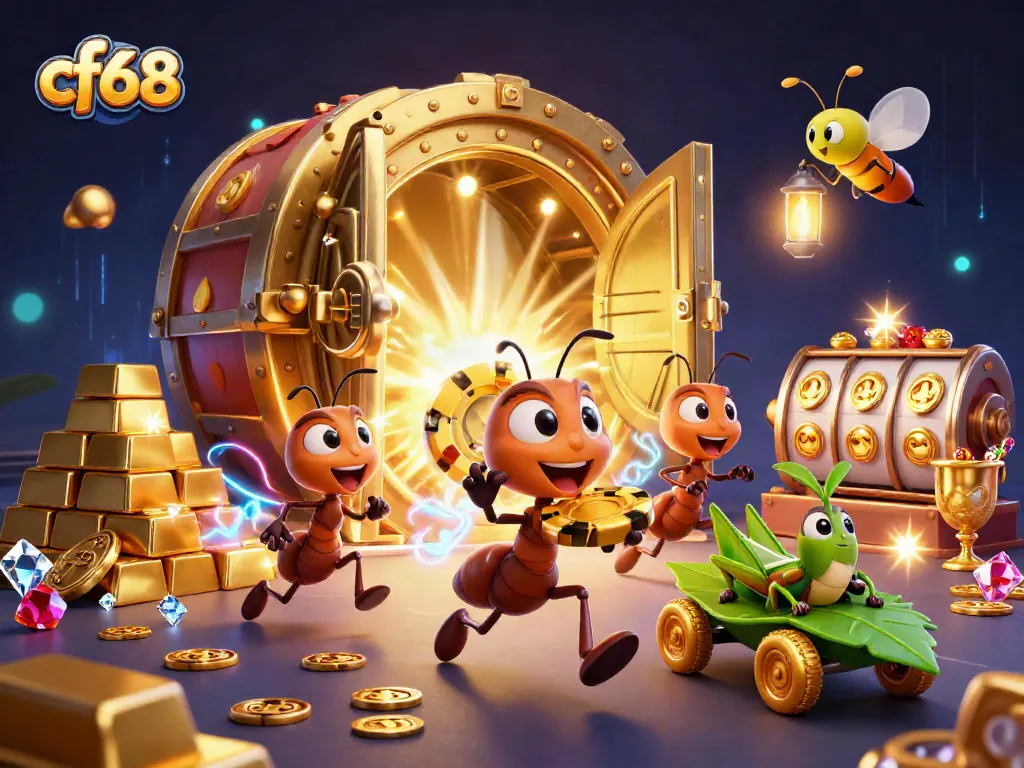 Experience the thrills of cf68 as cartoon ants carry a massive poker chip in a vibrant casino heist.