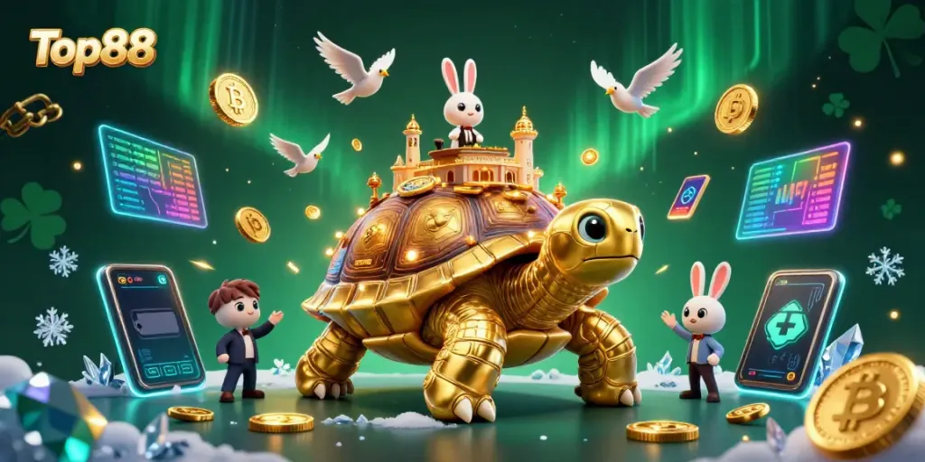 Engage with Top88's vibrant casino world featuring a golden tortoise and a rabbit dealer.