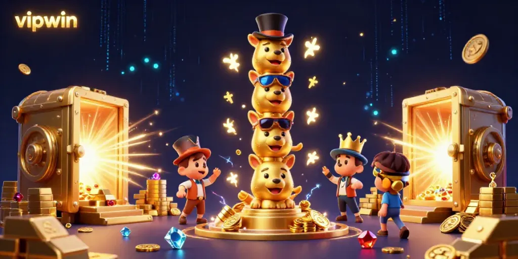 Experience thrilling gameplay at vipwin with a vibrant illustration of a golden totem pole amidst treasure and casino elements.
