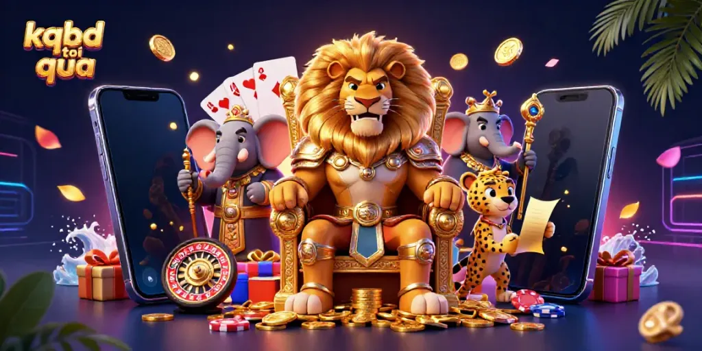 Experience the thrill of "kqbd toi qua" with a dynamic casino scene featuring a lion king, royal advisor, and messenger.