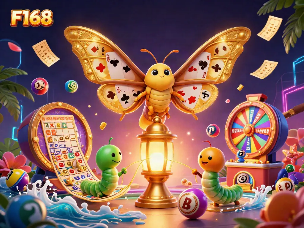 Engage with the fantastic world of F168, showcasing an atlas moth and colorful casino elements dynamically.