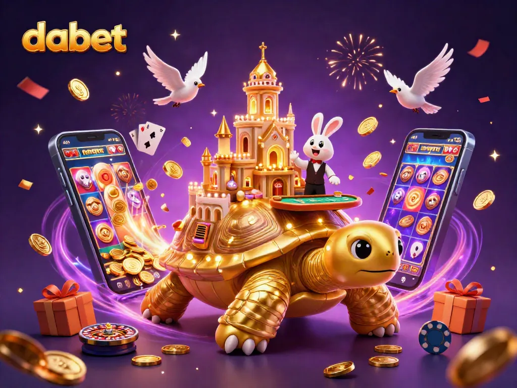 Dabet illustrates a vibrant casino scene with a golden tortoise and a rabbit dealer amidst jubilant gaming action.