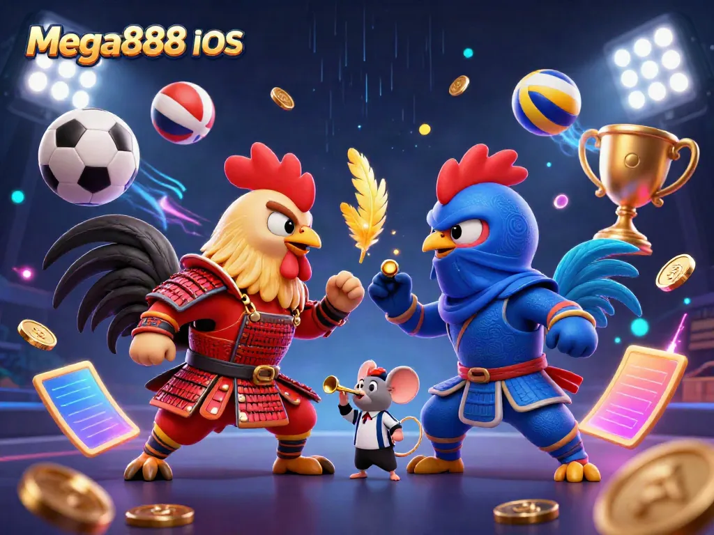 Experience thrilling action with Mega888 iOS featuring roosters in combat, golden feathers, and vibrant sports elements.