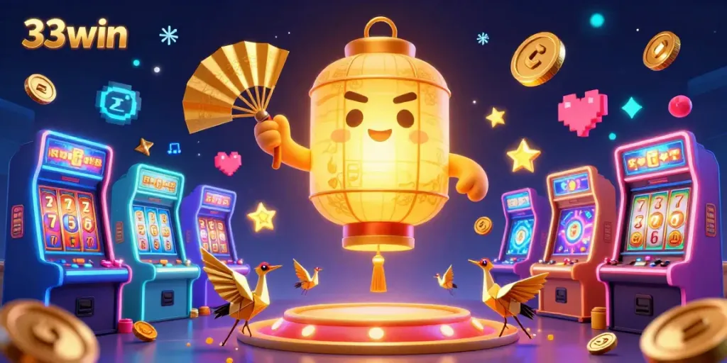 Enjoy a vibrant casino adventure with 33win's rich illustrations of lucky symbols and gaming excitement.