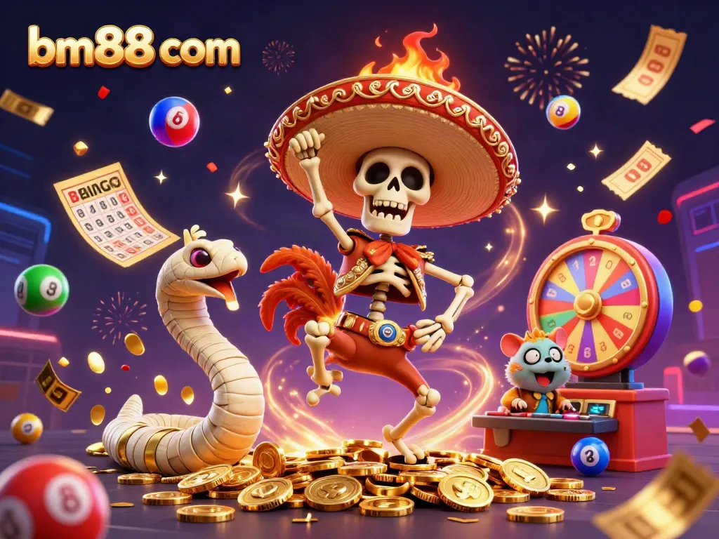 Experience the excitement of gaming as bm88 com's characters dance amidst colorful casino elements.