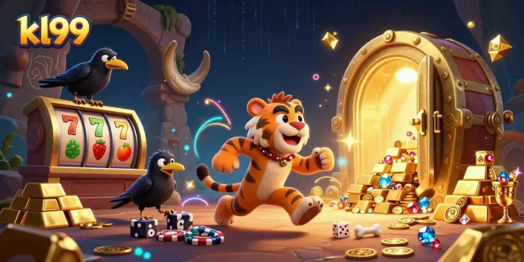 Experience the excitement of kl99 with caveman and sabertooth navigating a prehistoric casino.