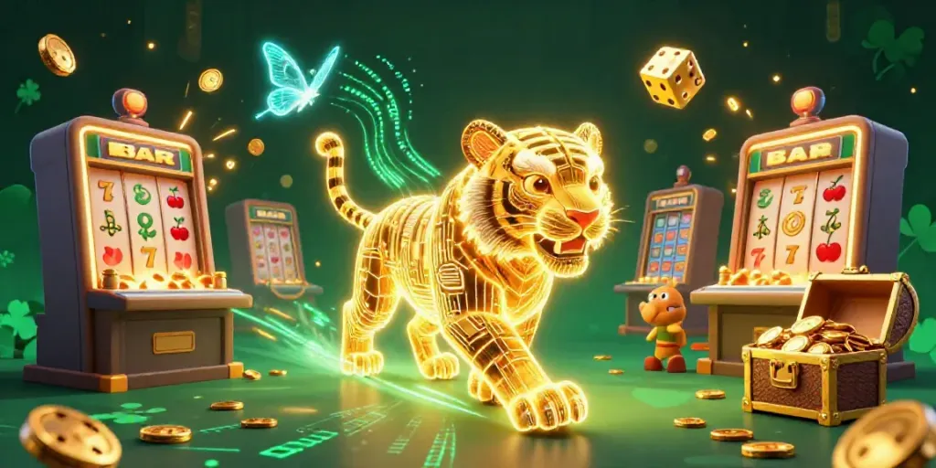 Experience the thrill of winning at vuabet88 with vibrant gaming elements and a neon tiger in a digital landscape.