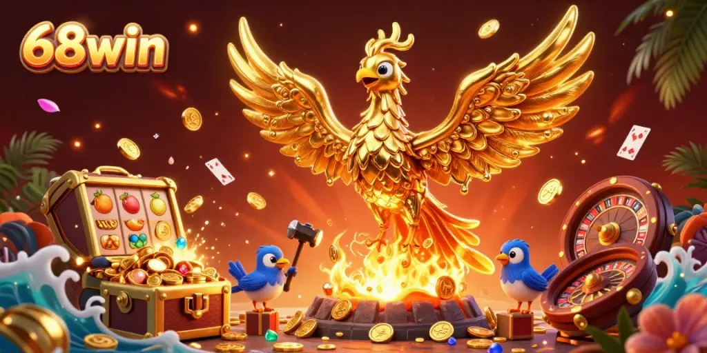 Experience lucrative gameplay with 68win, featuring a molten gold phoenix amid dynamic casino elements.