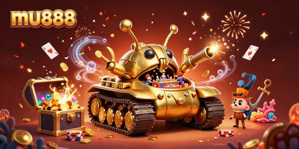 Engaging mu888 casino scene inside a golden beetle tank, showcasing excitement and rewards.