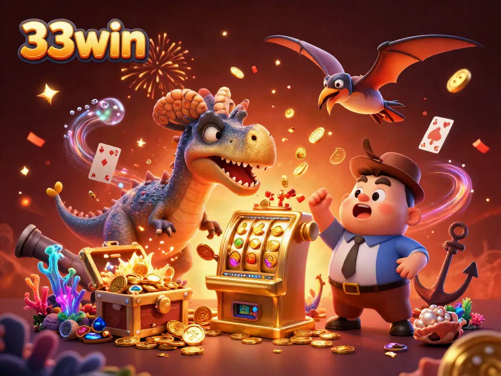Giao diện sống động của 33win với các nhân vật hoạt hình trong sòng bạc, biểu tượng thần thoại và tiền thưởng ánh sáng.