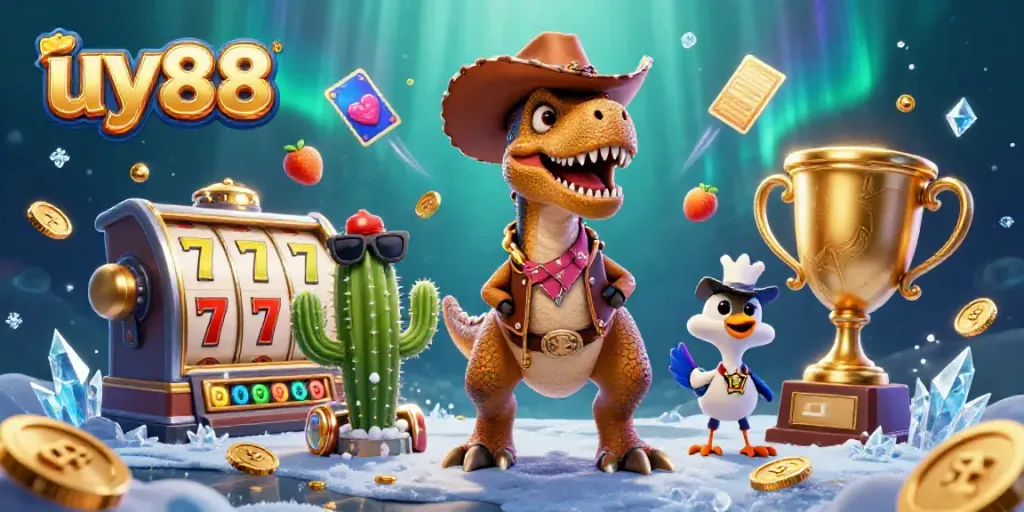 Join the fun at uy88 with this vibrant 3D illustration featuring a dinosaur and friends surrounded by exciting casino elements.