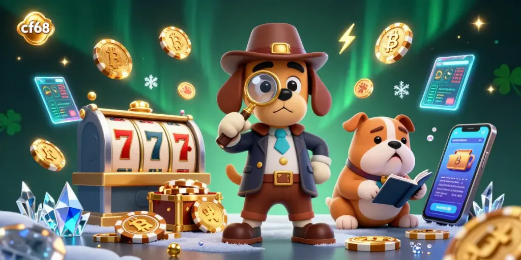 Utilize cf68 strategies to uncover treasures while spinning reels and exploring clues in a vibrant casino scene.