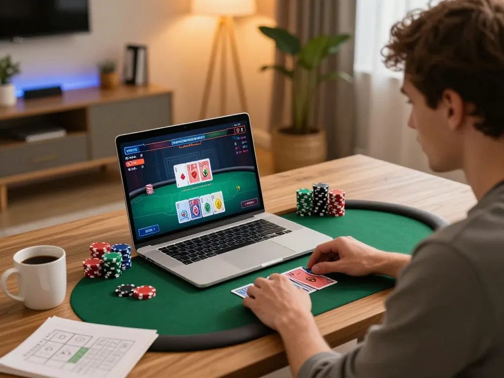 Player enjoying an online poker game on LLWIN with strategy notes and cozy home setup.