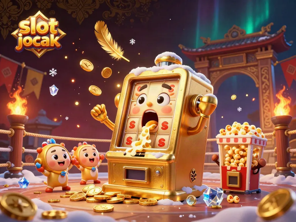 Celebrate a slot jackpot win with a golden cartoon slot machine pouring coins, cheering baby machines, and popcorn machine.