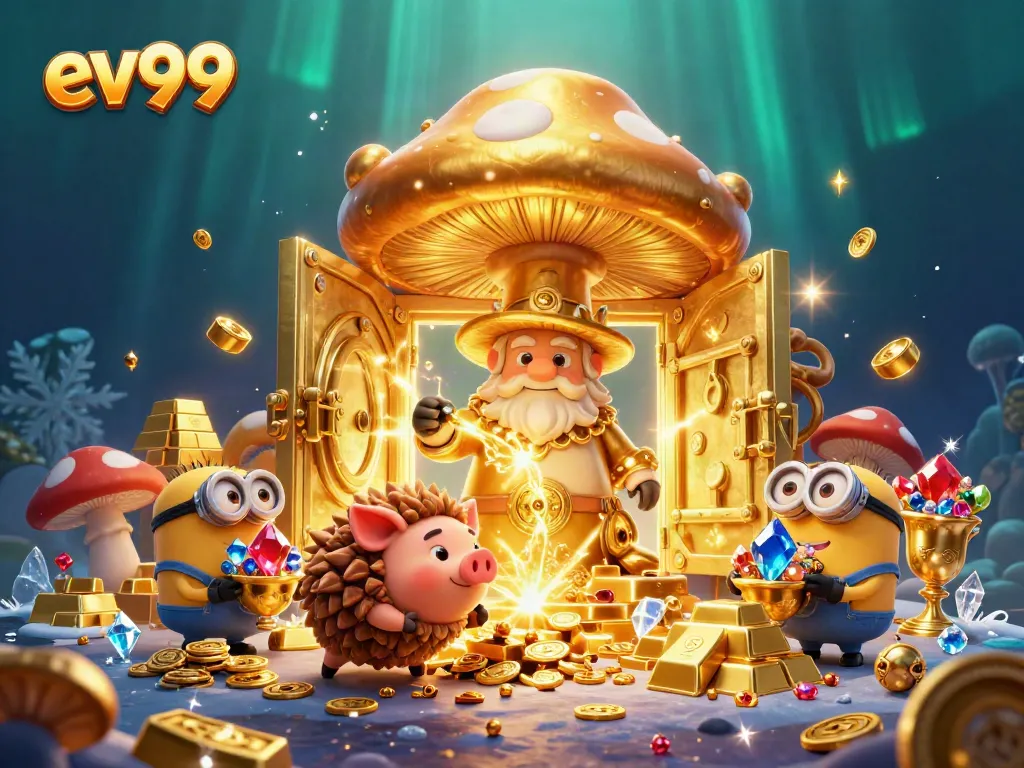 Experience exciting gameplay with ev99's magical wizard, treasure, and gems in a vibrant casino scene.