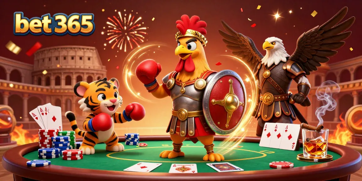 Experience the excitement of bet 365 with a vibrant 3D illustration featuring a gladiator rooster, poker elements, and dynamic confetti.