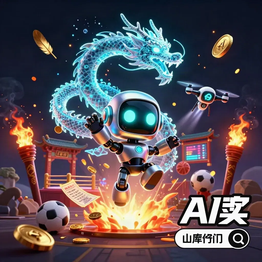 Cyberpunk robot, holographic dragon and coin drone amid casino gold and cyan in a dark temple arena.
