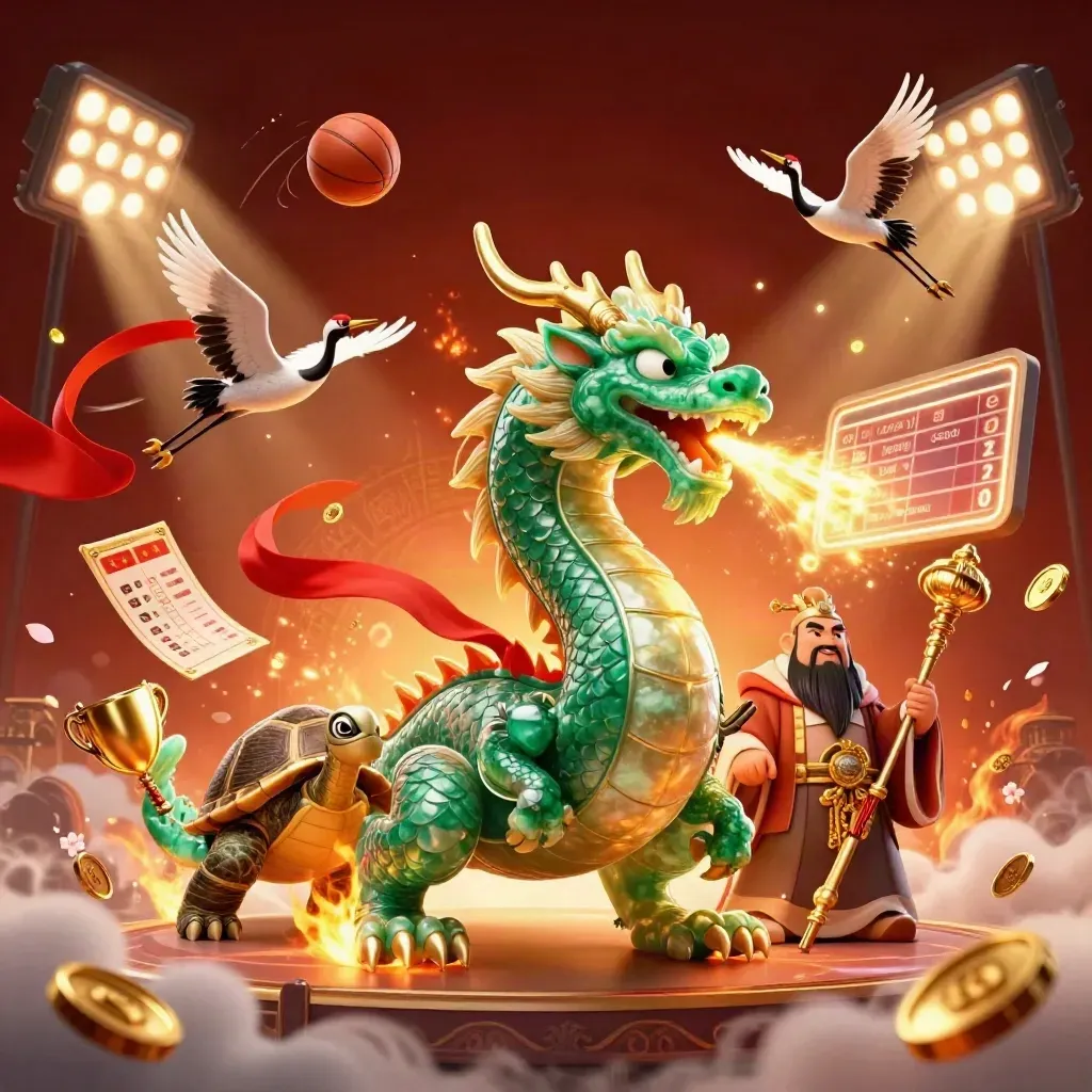 Jade dragon, turtle sage and cranes amid flying sports balls, coins, fire and neon casino light.