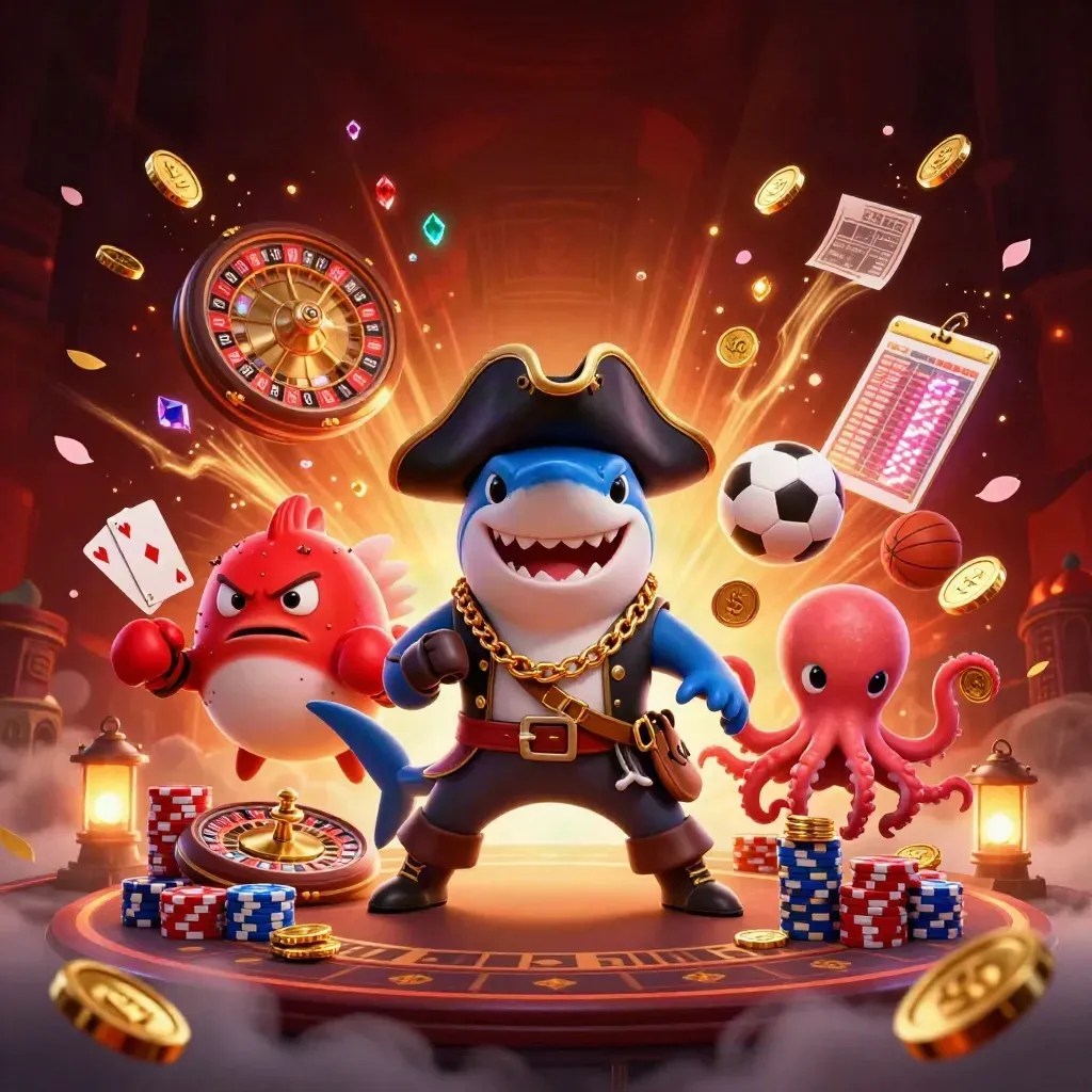 Pirate shark, boxing pufferfish, and juggling octopus amid casino treasure and neon glow.
