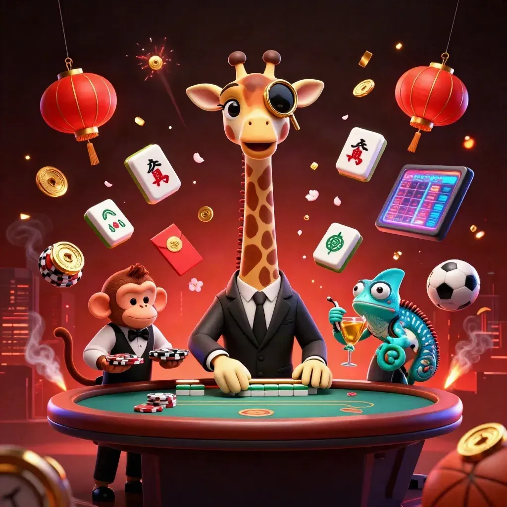 Low-angle casino key art with a giraffe, monkey, and chameleon amid flying chips and neon glow.