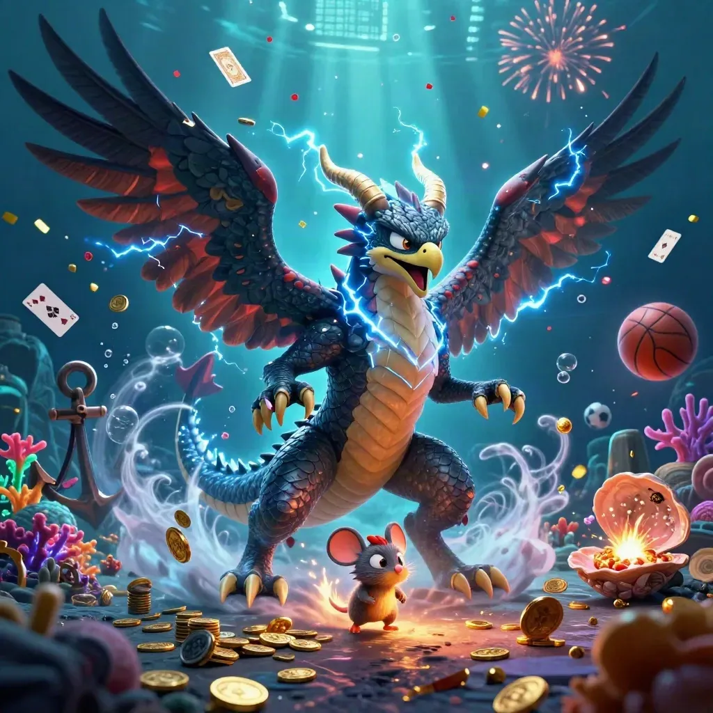 Lightning dragon, glowing hawk and static mouse burst through a neon underwater treasure cove.