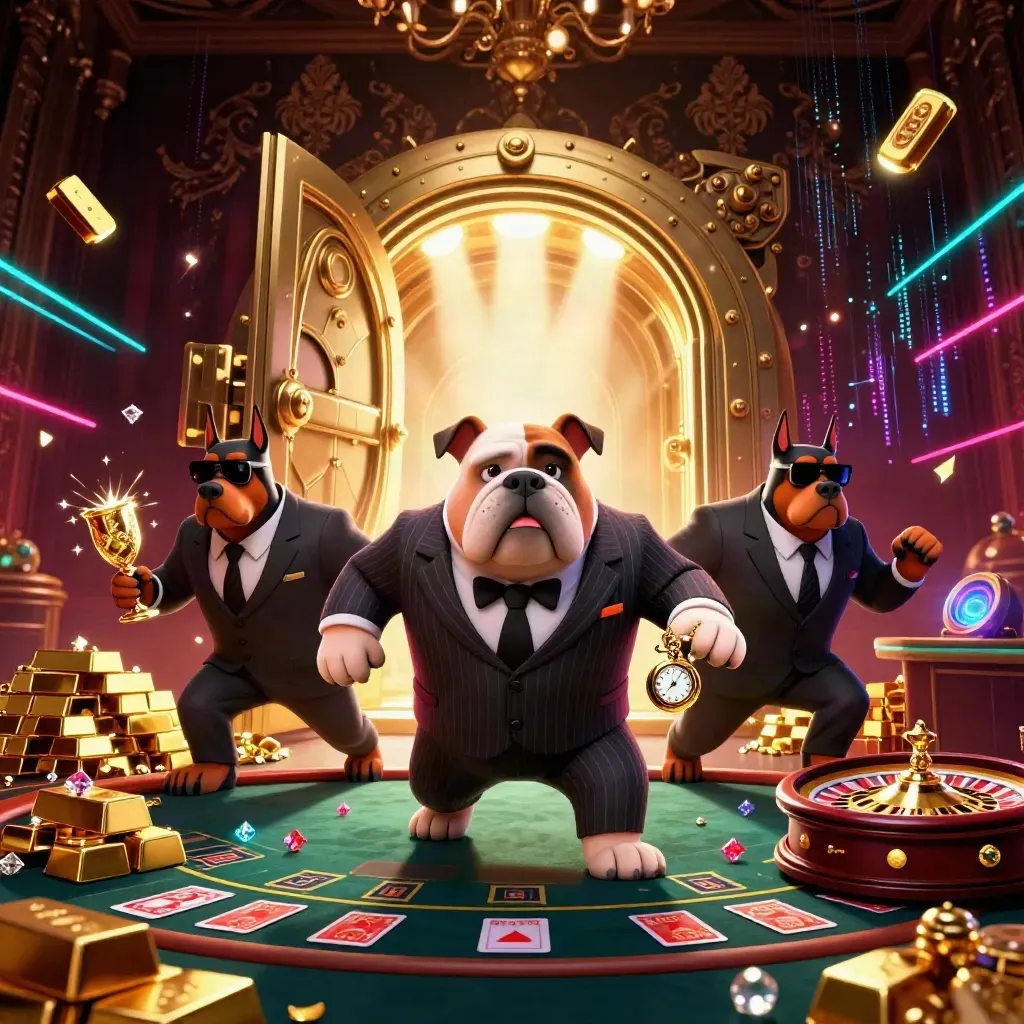 Bulldog boss and Doberman guards in a neon casino vault with gold, gems, and chandeliers.