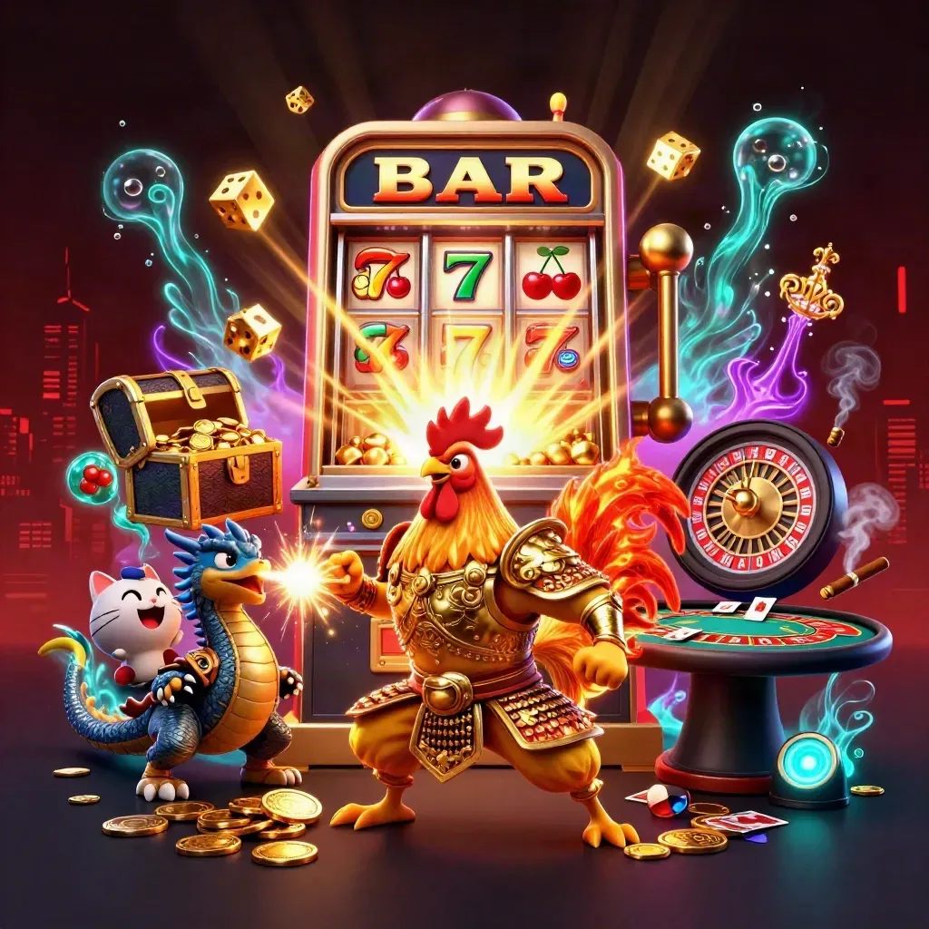 Rooster warrior, dragon hatchling, and fortune-cat amid casino symbols and glowing gold