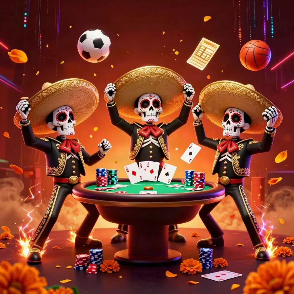 Skeleton mariachi trio amid casino cards, chips, neon energy, and flying sports balls