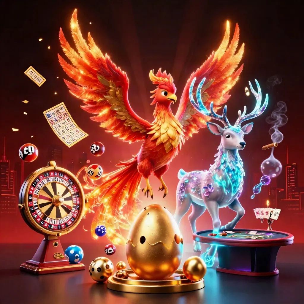 Phoenix, baby phoenix, and crystal-antlered stag amid casino props and neon glow.