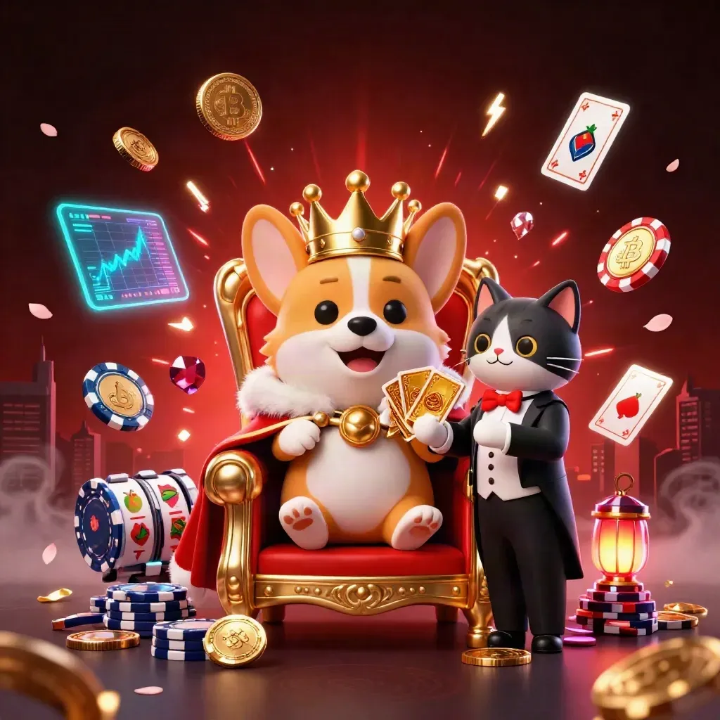 Crowned corgi and cat butler amid neon casino coins, lightning, chips, petals, and treasure