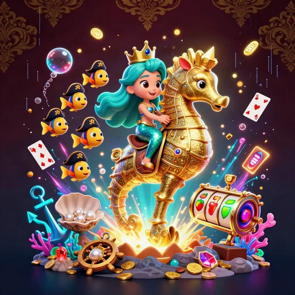 Mermaid princess rides armored seahorse through cyan-lit treasure cove with pirate fish and casino loot