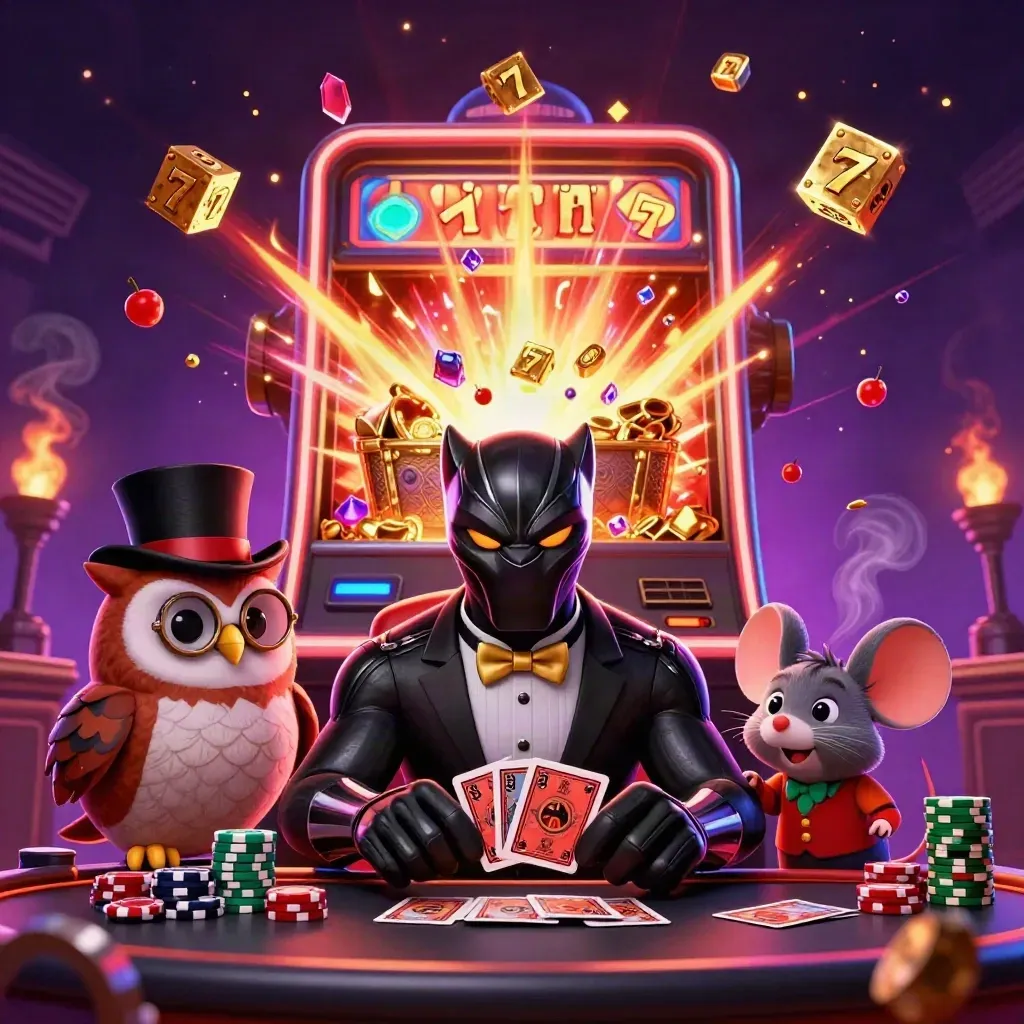 Panther, owl, and mouse in tuxedo casino action with exploding gold, dice, and neon slot machine