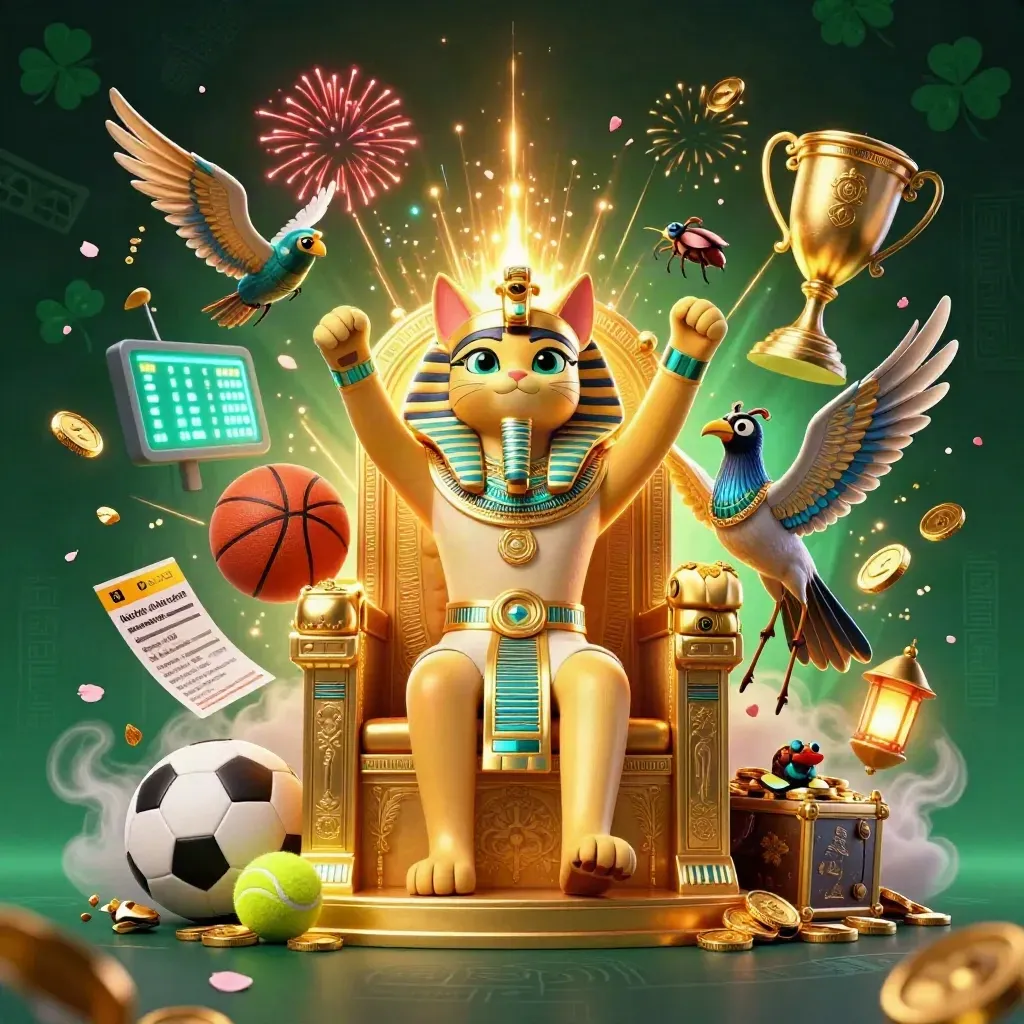 Pharaoh cat, ibis scribe and scarabs amid flying sports balls, coins and fireworks on a dark emerald throne.