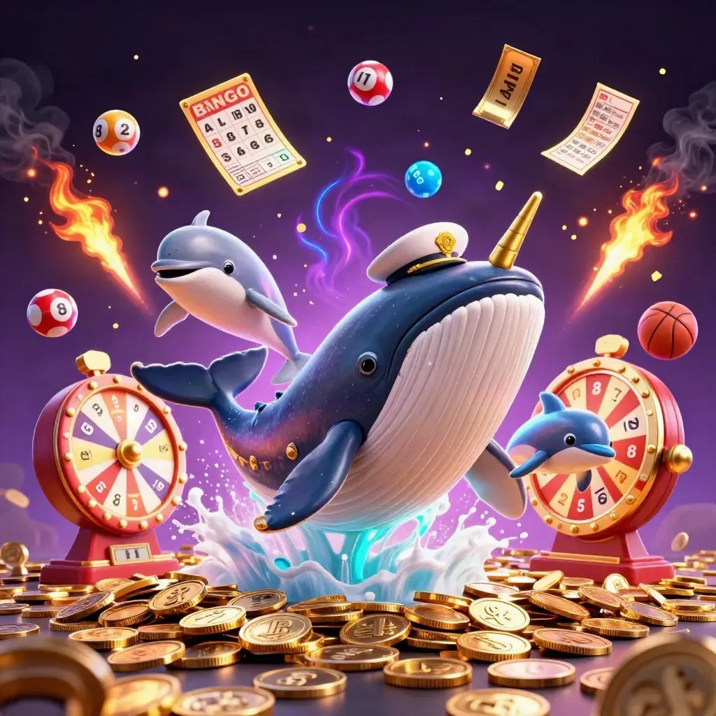 Whale captain, narwhal, and dolphins burst from coins with casino props and neon glow