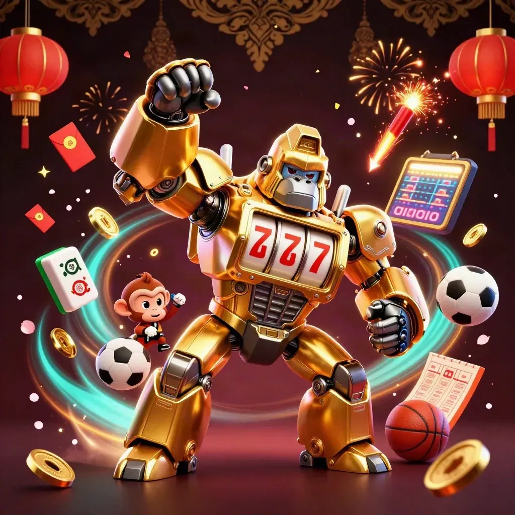 Golden gorilla mech with monkey pilot amid casino confetti, coins, lanterns, and fireworks.