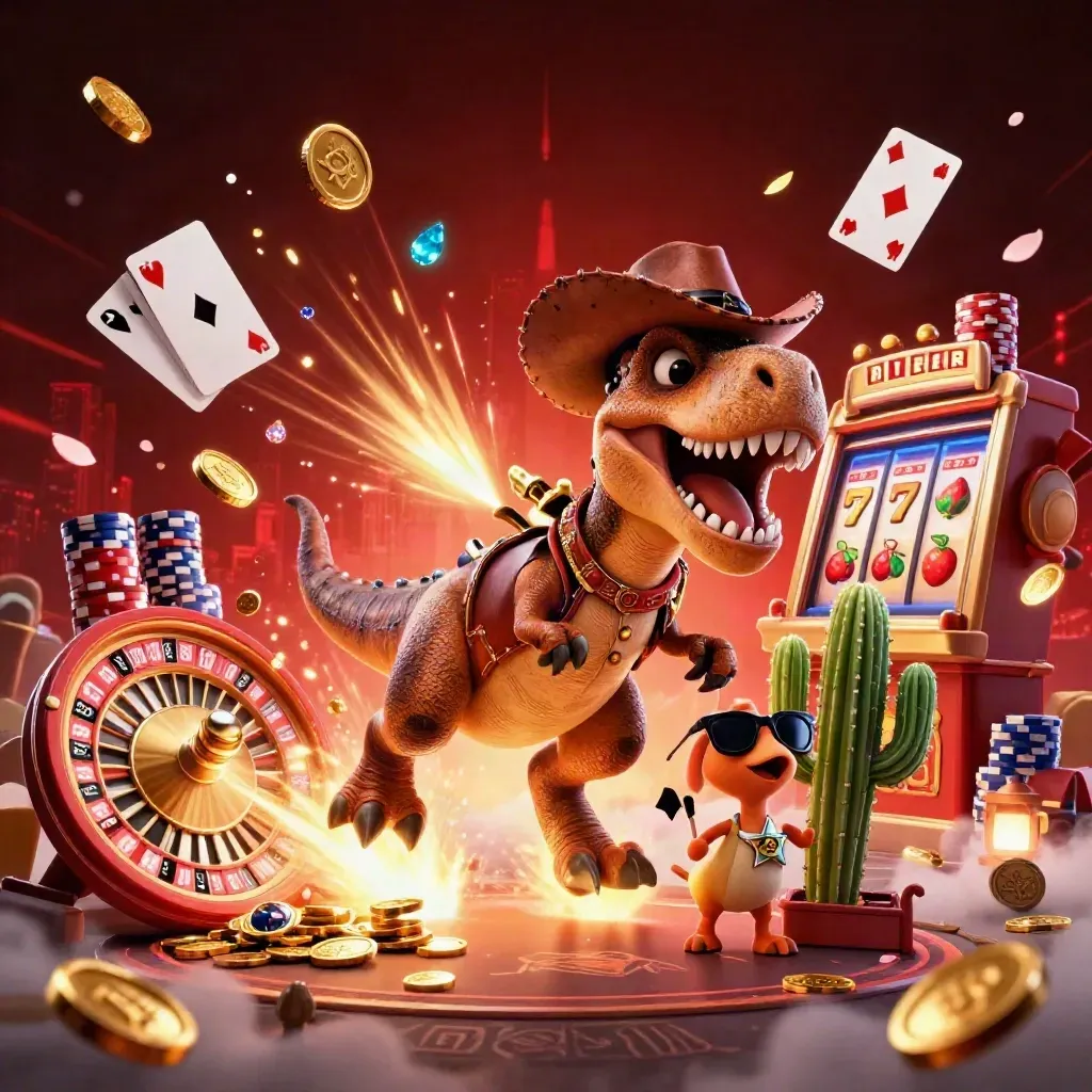 Cowboy T-Rex trio blasting coins, gems and casino props in a neon red splash.