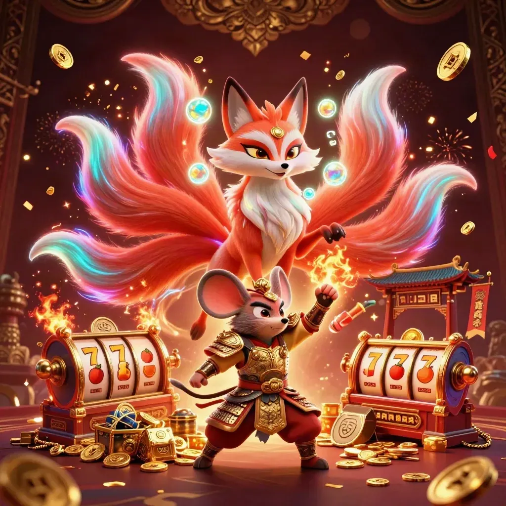 Nine-tailed fox spirit and samurai mouse amid casino treasure, neon effects, and temple gate.