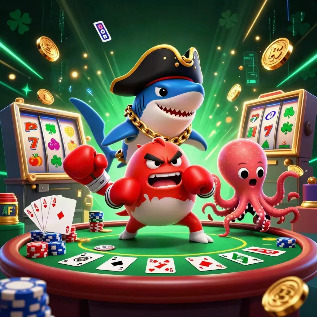 Shark pirate, boxing pufferfish, and juggling octopus amid casino chips, cards, neon energy