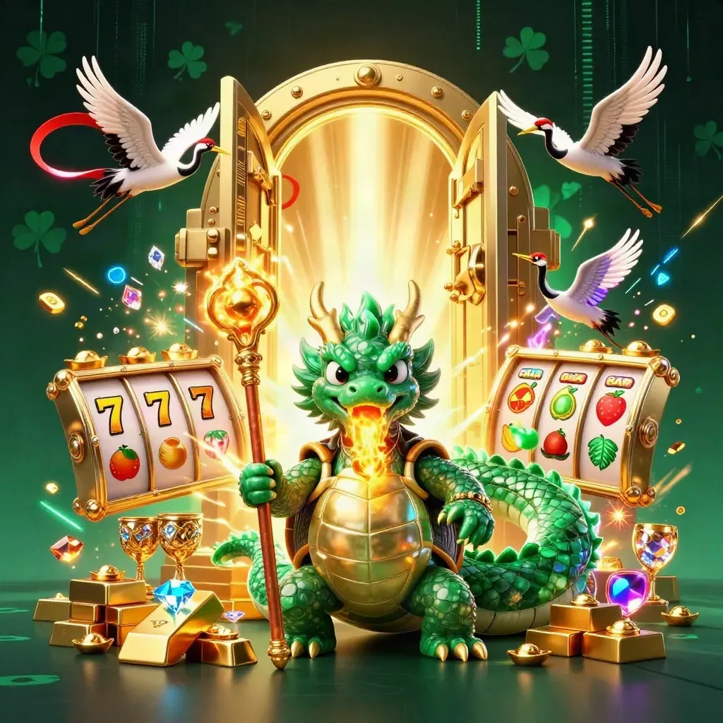 Emerald dragon, turtle sage, and cranes amid vault treasure, slots, and neon casino glow.