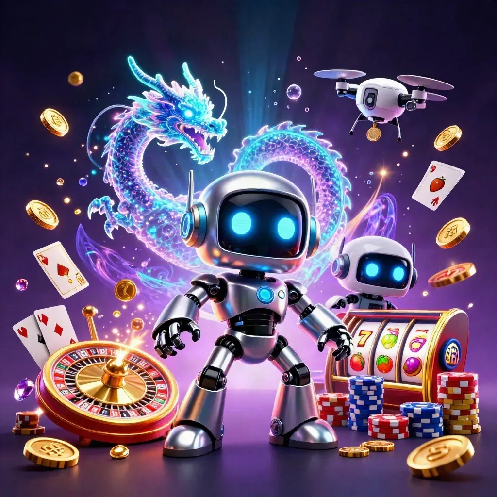 Cyberpunk robot, hologram dragon and coin drone amid casino reels, chips, coins and neon glow.