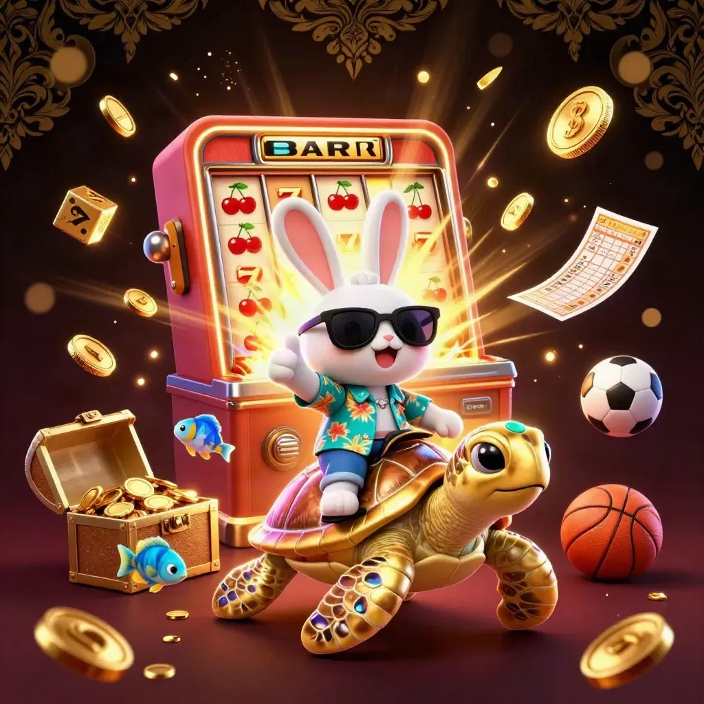 Lucky rabbit rides a gold turtle amid slot bursts, coins, dice, sports props and neon casino glow.