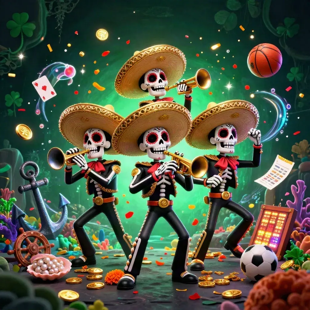 Skeleton mariachi trio in a neon treasure cove with coins, sports items, and casino sparks.