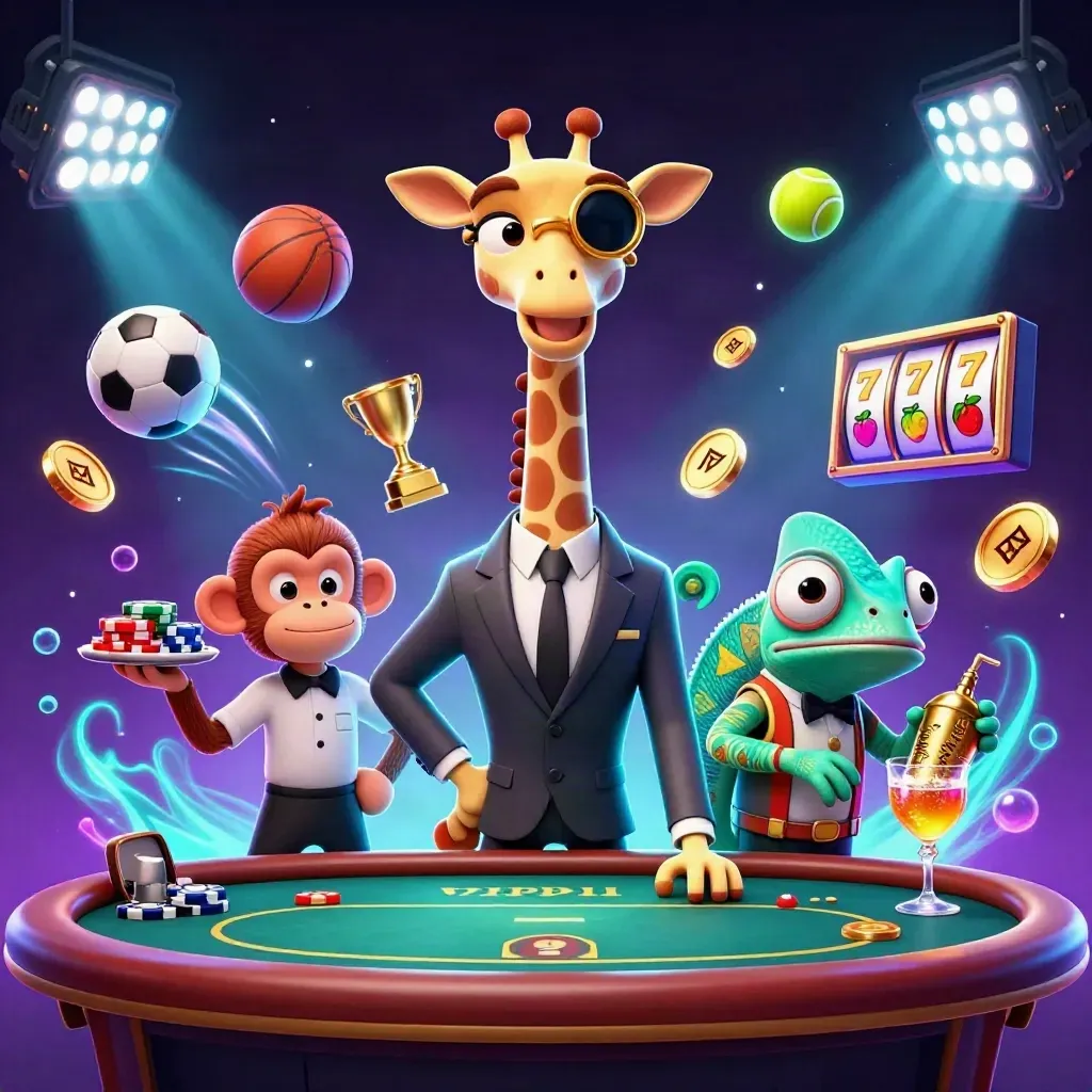 Giraffe, monkey, and chameleon at a neon poker table with casino effects.