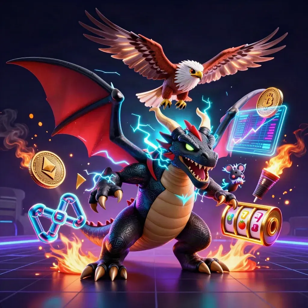 Thunder dragon, wind hawk, and static mouse amid neon coins, lightning, and casino symbols