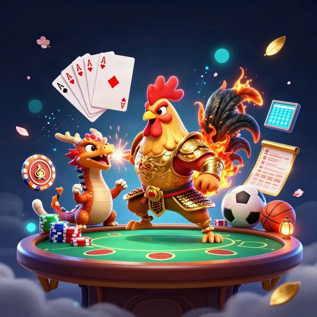 Rooster warrior, dragon hatchling and fortune-cat amid casino chips, cards and neon sparks.